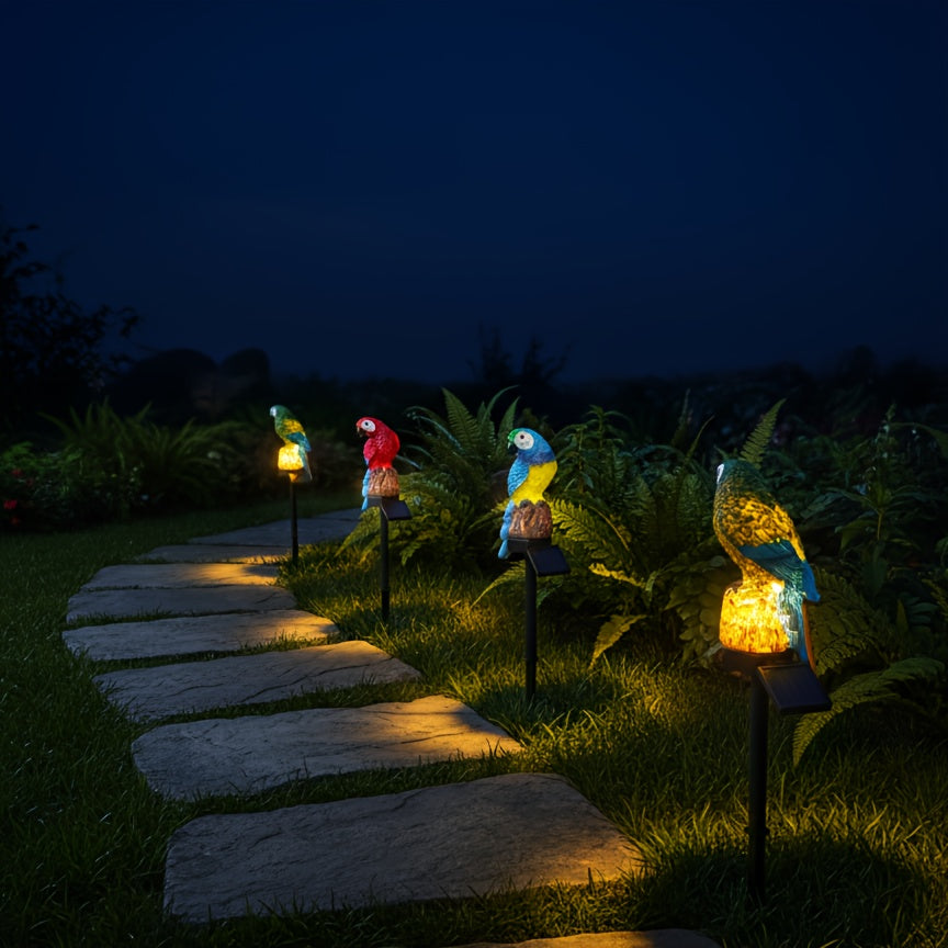 Lampe solaire perroquet en résine sur piquet, lumière chaude