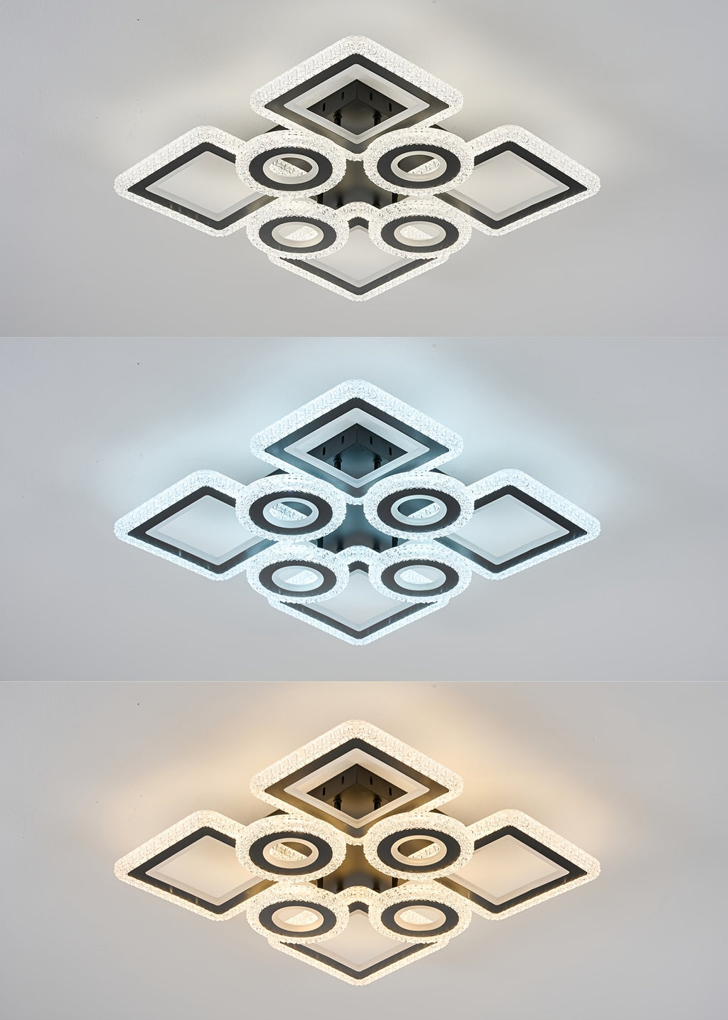 Plafonnier LED géométrique 75 cm, anneaux et carrés, trois teintes