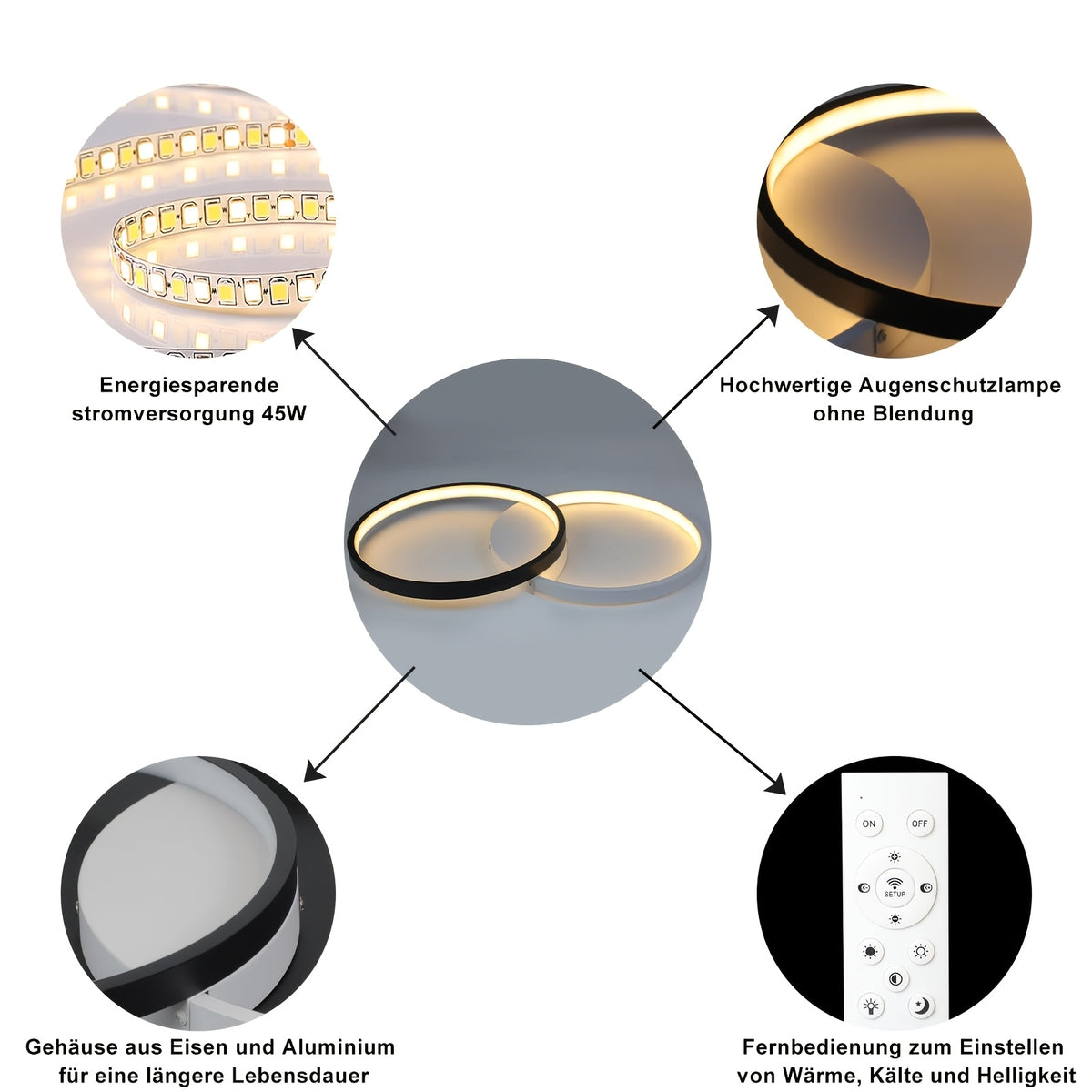 Plafonnier LED double anneau noir et blanc, 50 cm, trois teintes