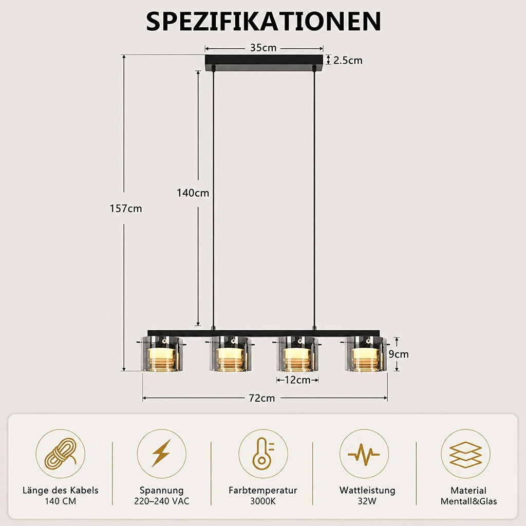 Suspension LED en verre fumé, 3 ou 4 lumières, blanc chaud 3000K