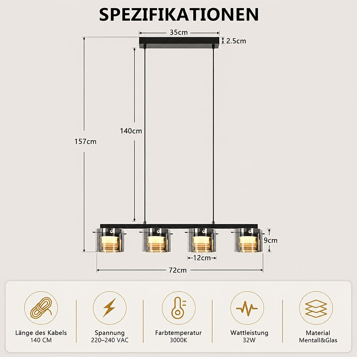 Suspension LED en verre fumé, 3 ou 4 lumières, blanc chaud 3000K