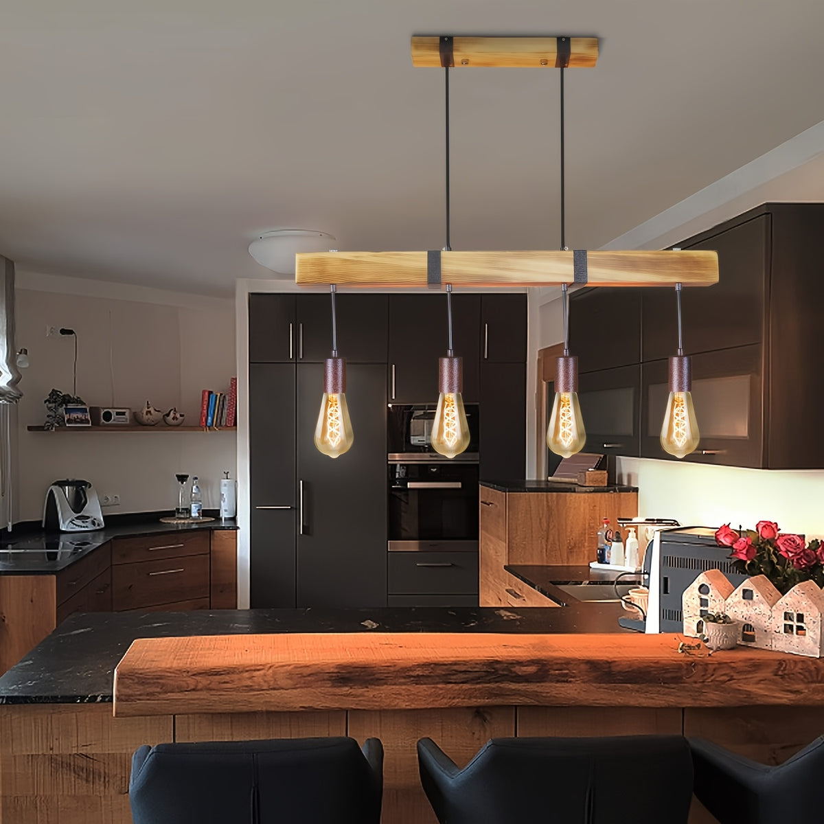 Suspension poutre effet bois brûlé, 3 ou 4 lumières, douilles E27