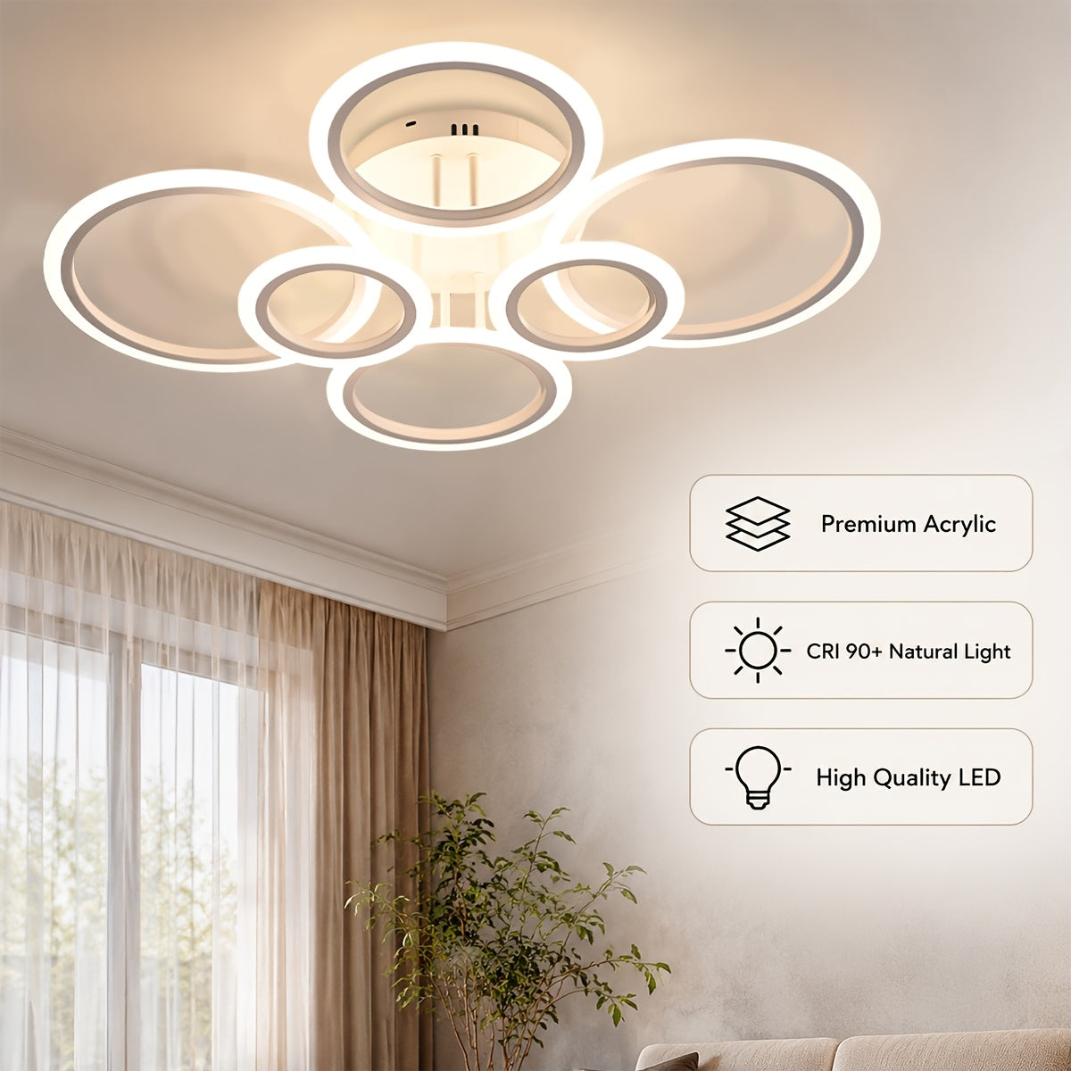 Grand plafonnier LED à 6 anneaux, doré ou noir, 79 cm, trois teintes
