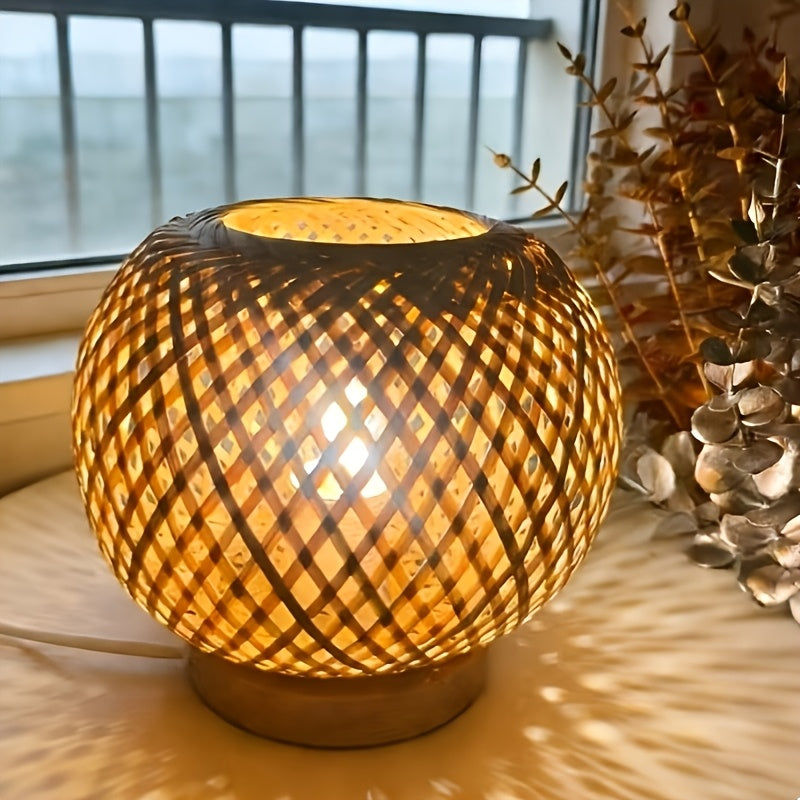 Lampe de chevet boule en bambou tressé, socle en bois, 18 cm