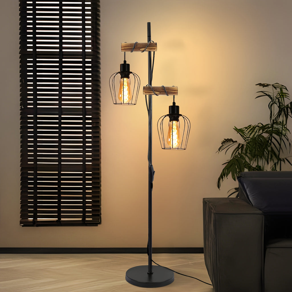 Lampadaire industriel à une cage métal et bras en bois, 151 cm