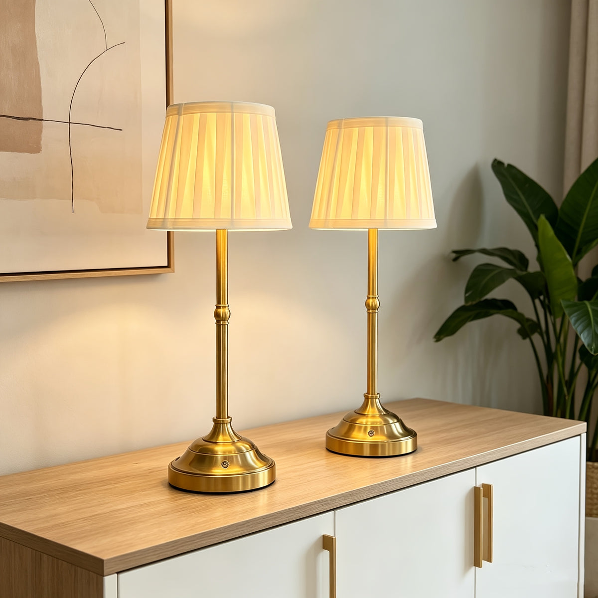 Lot de 2 lampes de chevet sans fil, abat-jour plissé crème