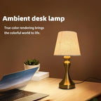Lampe de chevet dorée, abat-jour conique aspect lin, câble USB