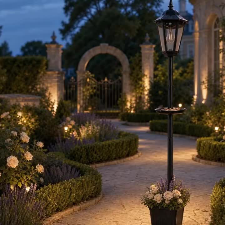 Lampadaire solaire de jardin avec mangeoire à oiseaux et pot