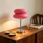 Lampe à poser rose en forme de macaron, pied chromé, 30 cm