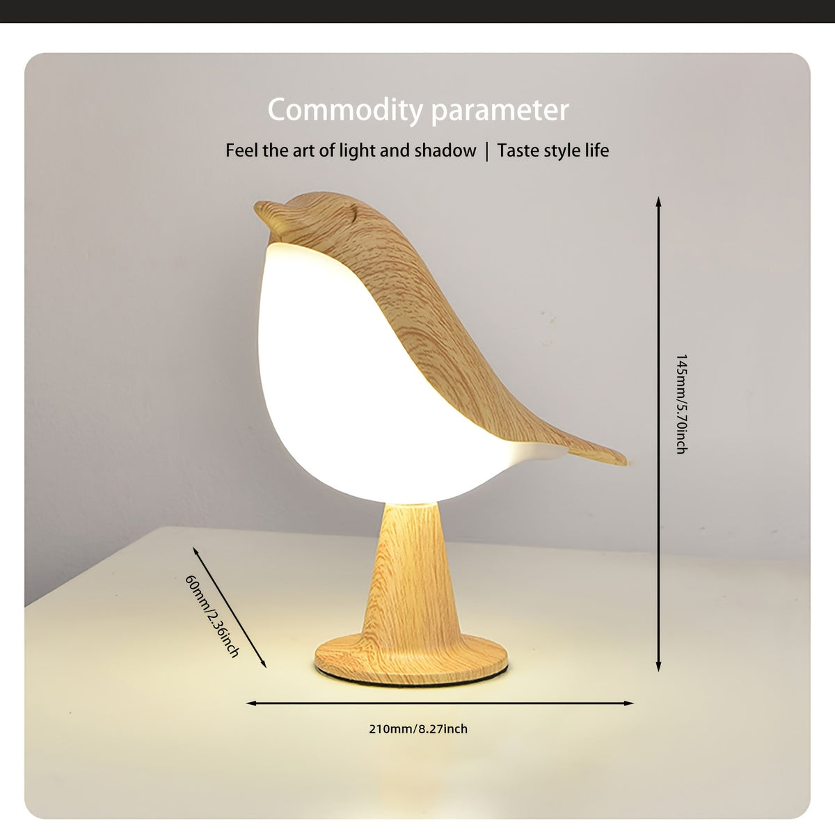 Lampe décorative oiseau effet bois, sans fil et tactile