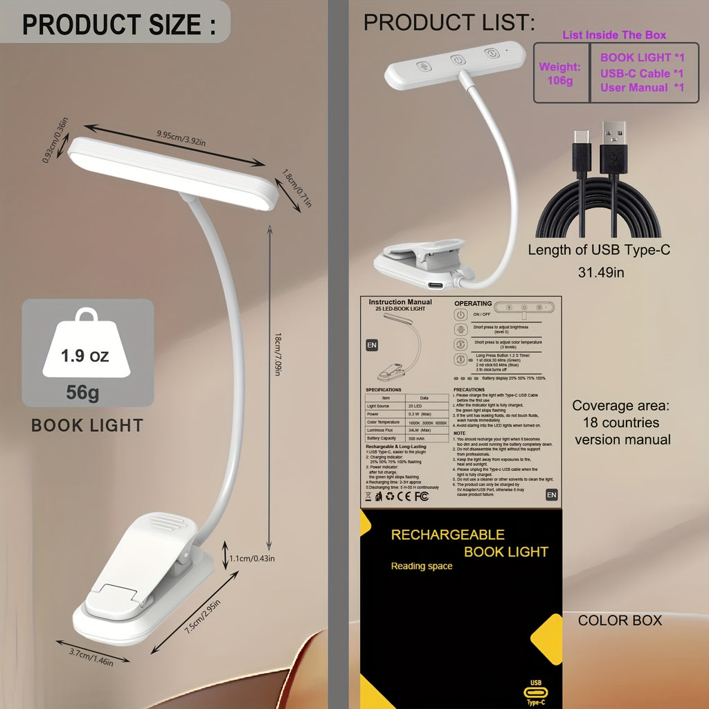 Lampe de lecture à pince barre 25 LED, minuterie, noire ou blanche