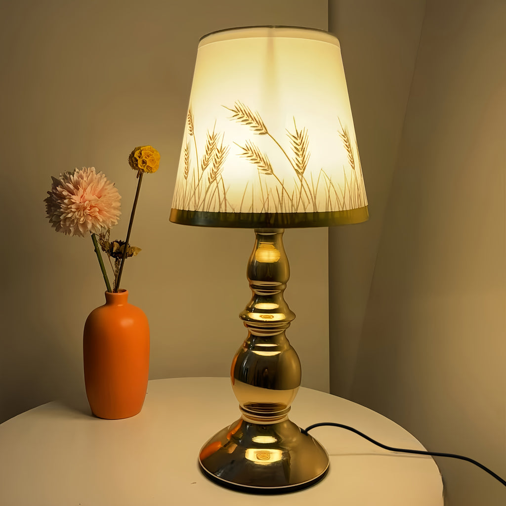 Lampe de chevet abat-jour épis de blé, pied balustre poli et LED