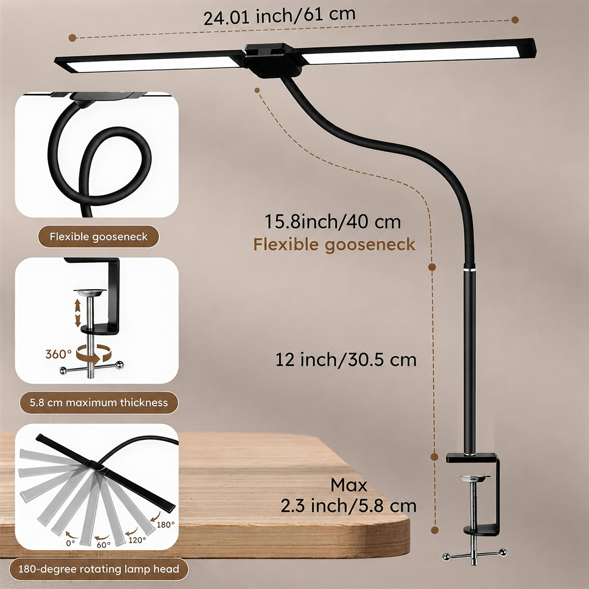 Lampe de bureau à pince à double tête LED de 61 cm, tactile, USB