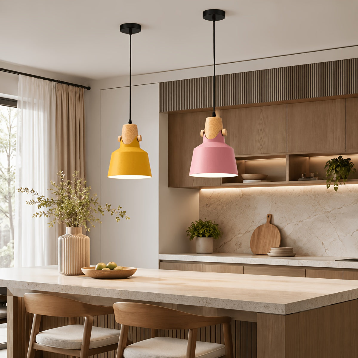 Suspension trompette, col effet bois, jaune, rose, noir ou blanc