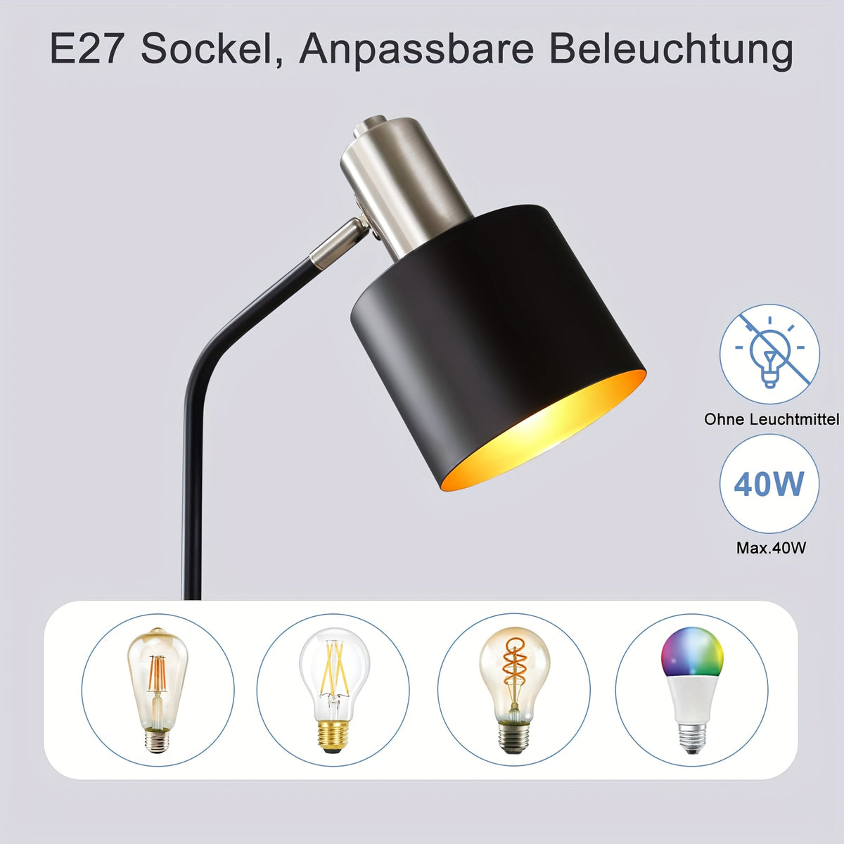 Lampe de chevet noire en métal à tête orientable, douille E27