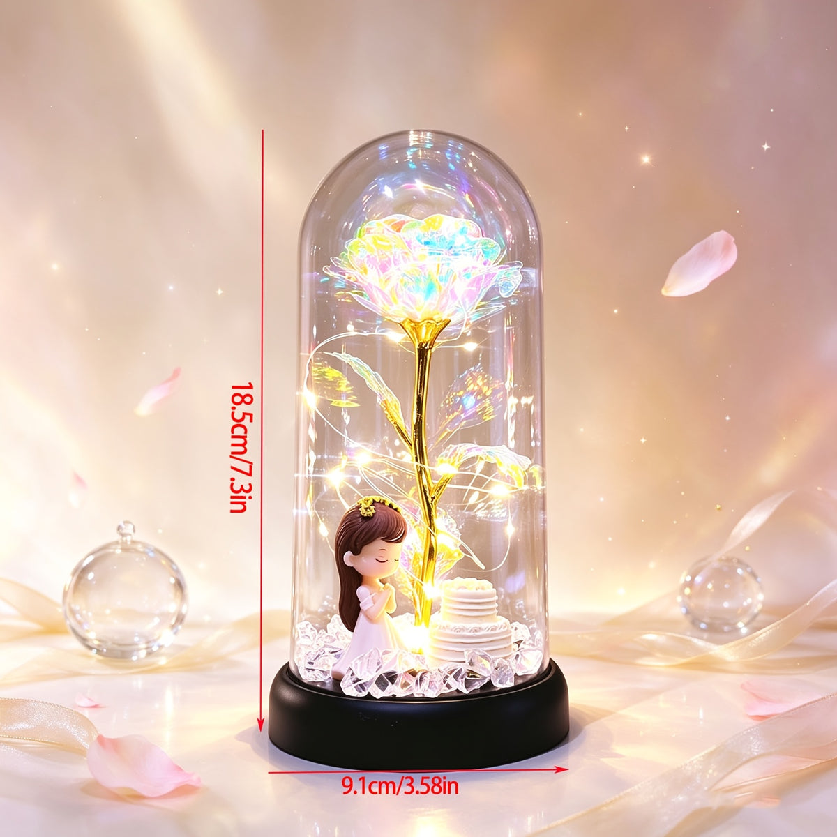 Lampe décorative rose sous cloche, guirlande LED et figurine