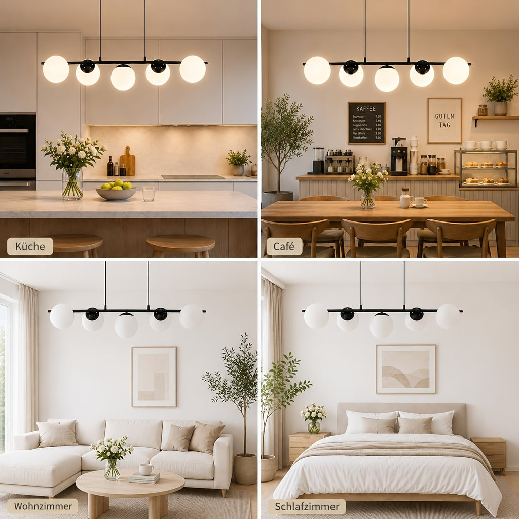 Suspension 5 globes en verre opalin, barre de 90 cm noire ou dorée