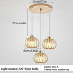 Lustre 3 globes en cristal et cage en métal, noir ou doré, E27