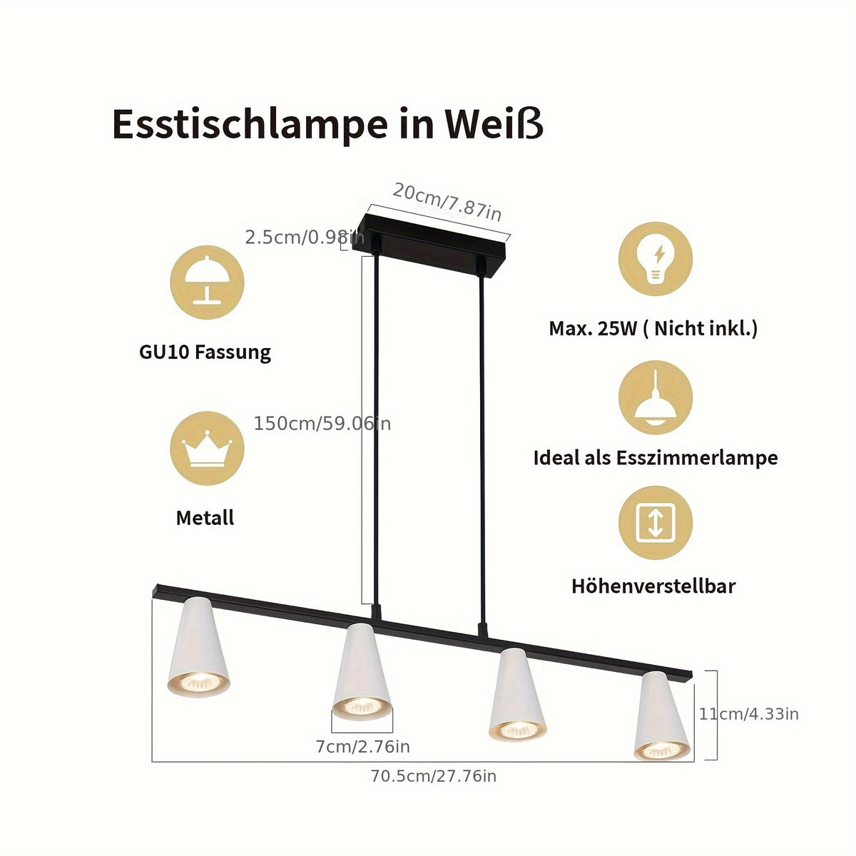 Suspension linéaire à cônes GU10, 4 ou 6 lumières, blanc ou doré