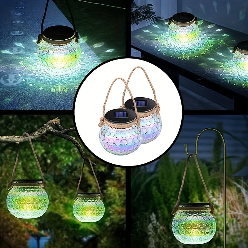 Lot de 2 lanternes solaires bocal en verre irisé, anse en corde