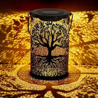 Lanterne solaire cylindre en métal ajouré, motif arbre de vie