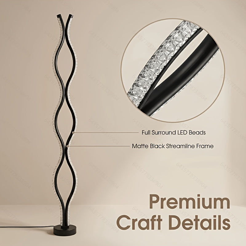 Lampe de sol LED ondulée noire effet cristal, trois teintes, 117 cm