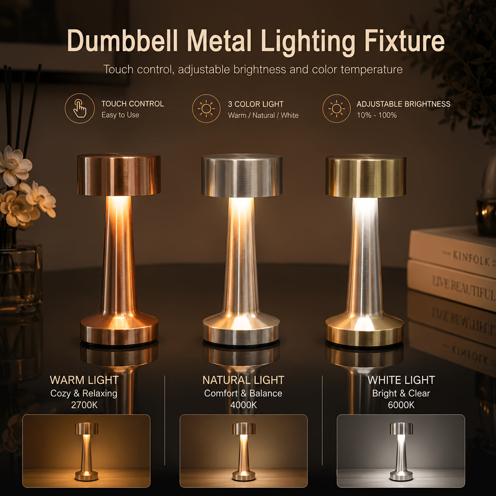 Lampe de bureau sans fil compacte en métal, tête Ø 9 cm tactile