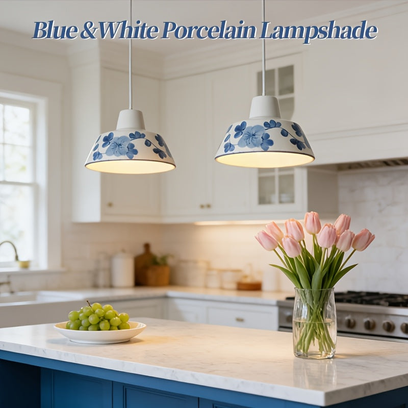 Abat-jour de suspension en porcelaine bleu et blanc à fleurs