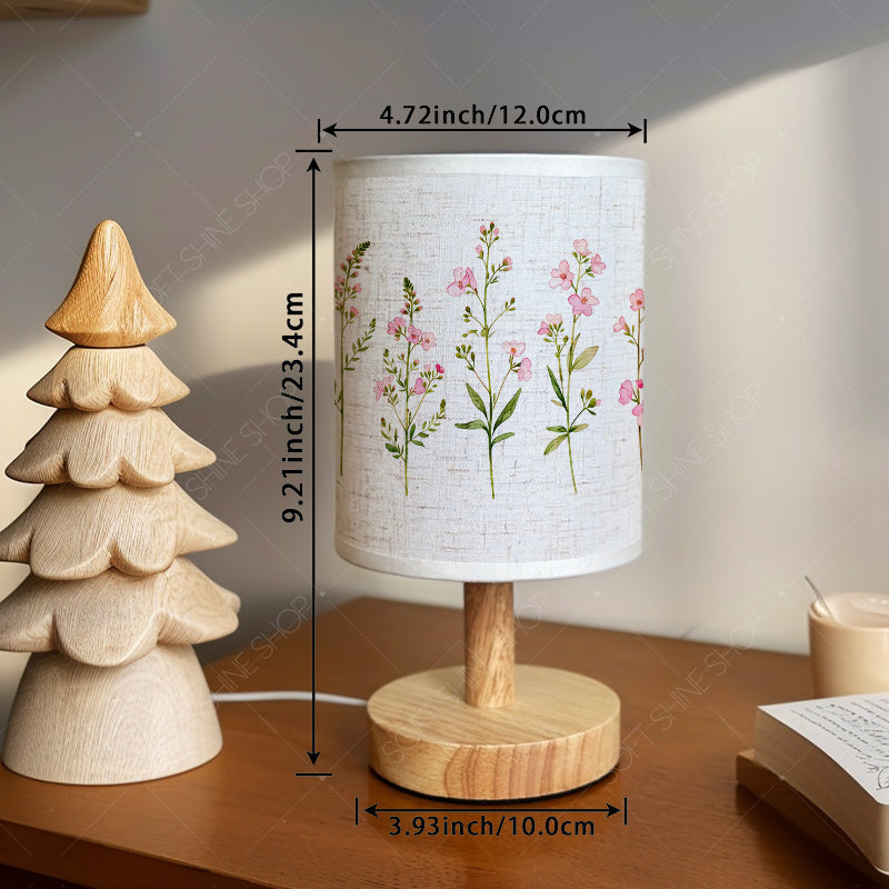 Lampe de chevet USB à abat-jour fleuri et pied effet bois clair