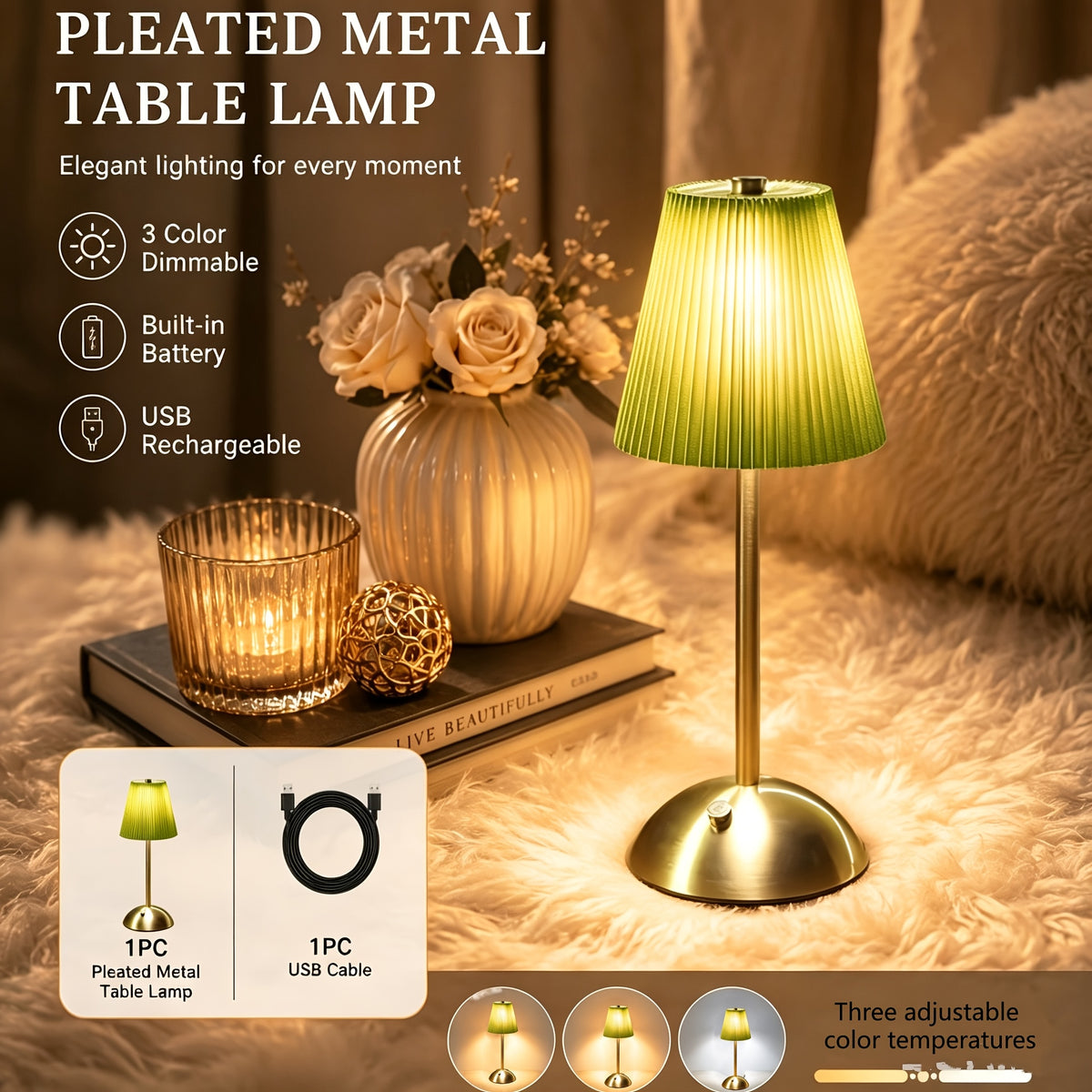 Lampe de chevet sans fil à abat-jour plissé coloré, socle dôme doré