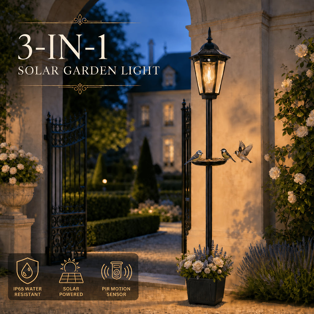 Lampadaire solaire de jardin avec mangeoire à oiseaux et pot