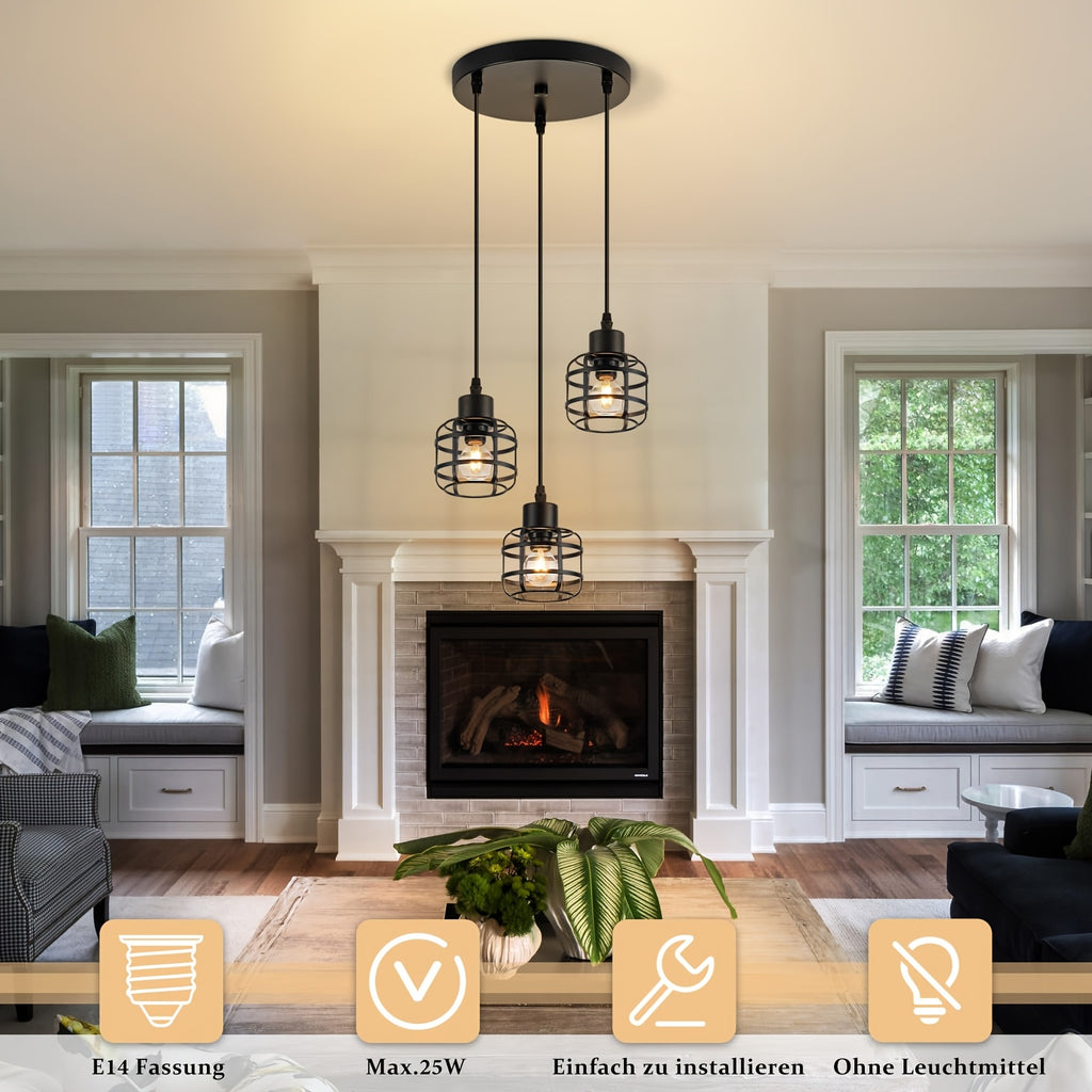 Suspension cages en métal noir E14, 1 lumière ou 3 en grappe