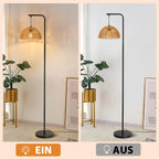 Lampadaire crosse noire et suspension tressée façon corbeille, 164 cm