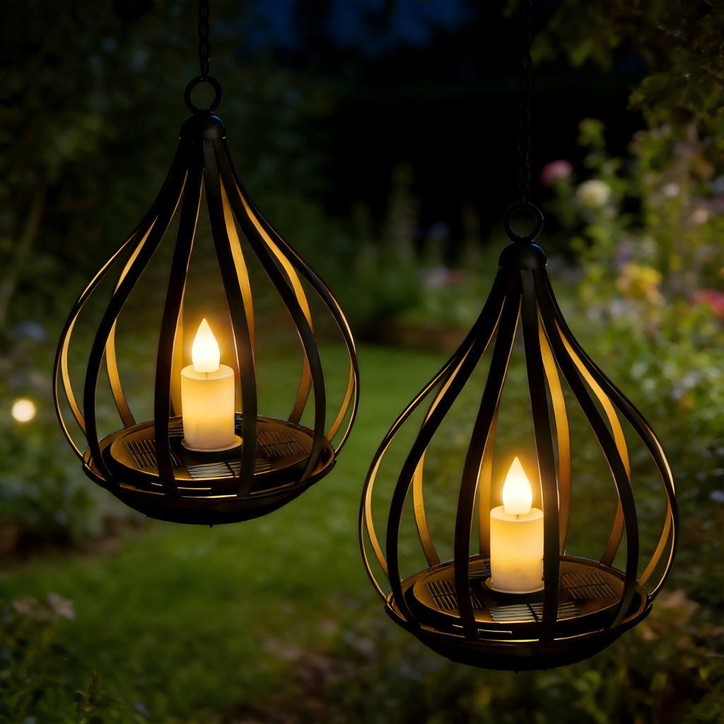 Lanterne solaire goutte en métal noir, bougie LED vacillante, IP65