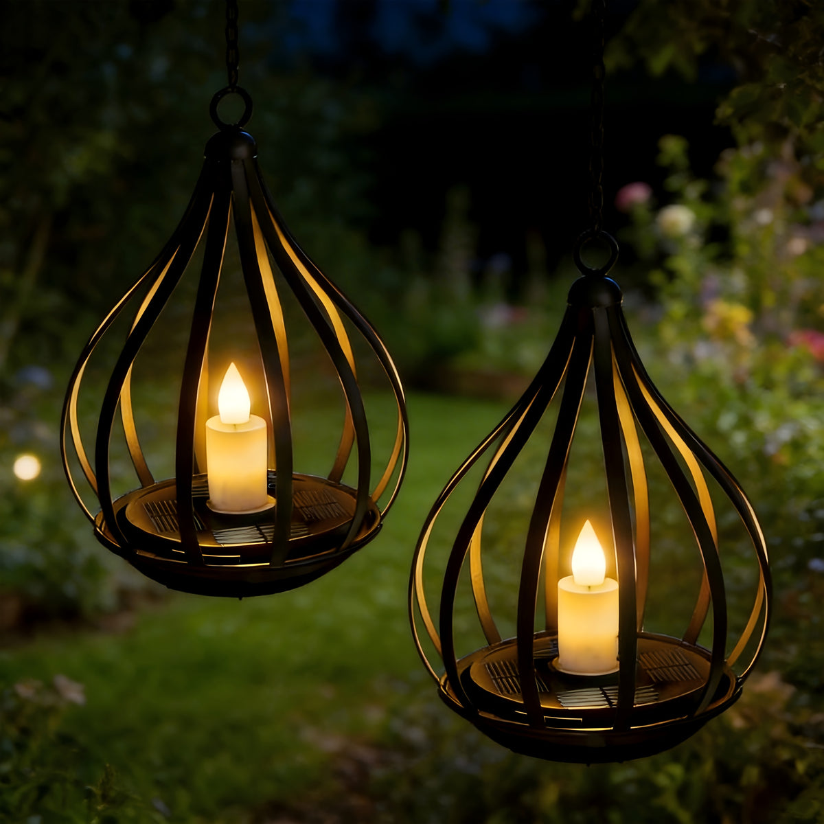 Lanterne solaire goutte en métal noir, bougie LED vacillante, IP65
