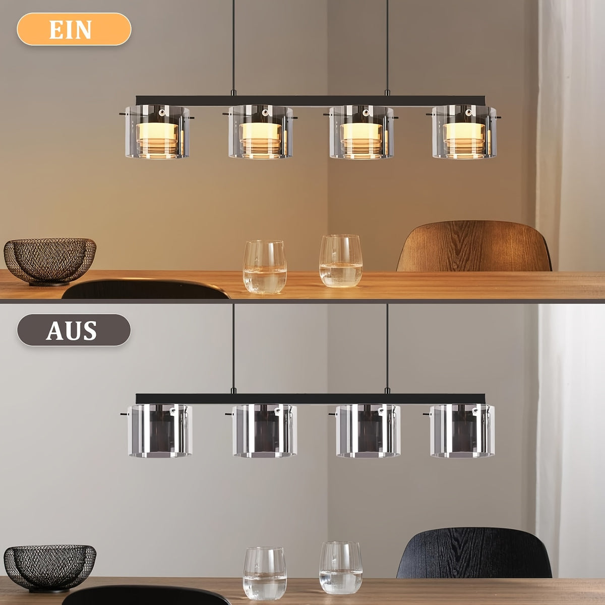 Suspension LED en verre fumé, 3 ou 4 lumières, blanc chaud 3000K
