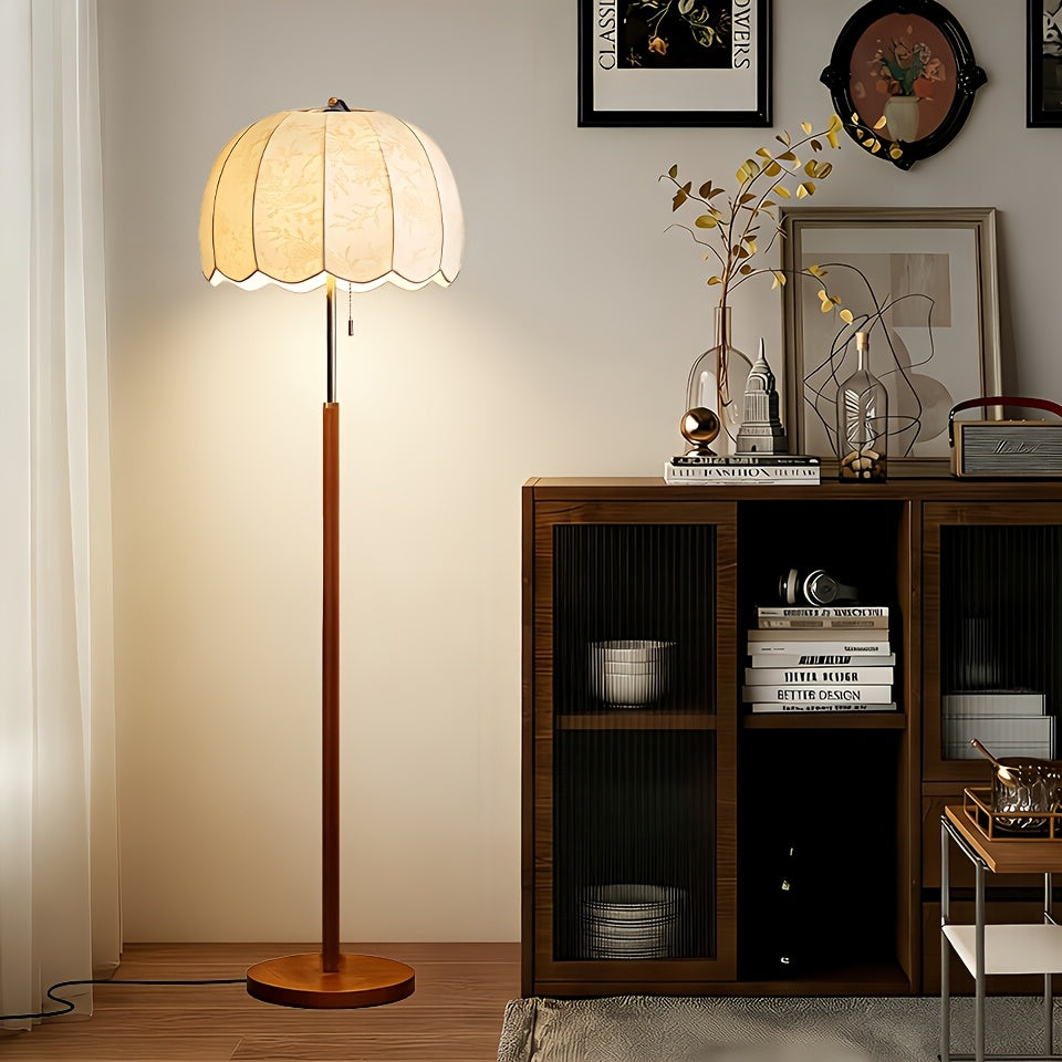 Lampadaire rétro à abat-jour festonné en tissu fleuri, 152 cm