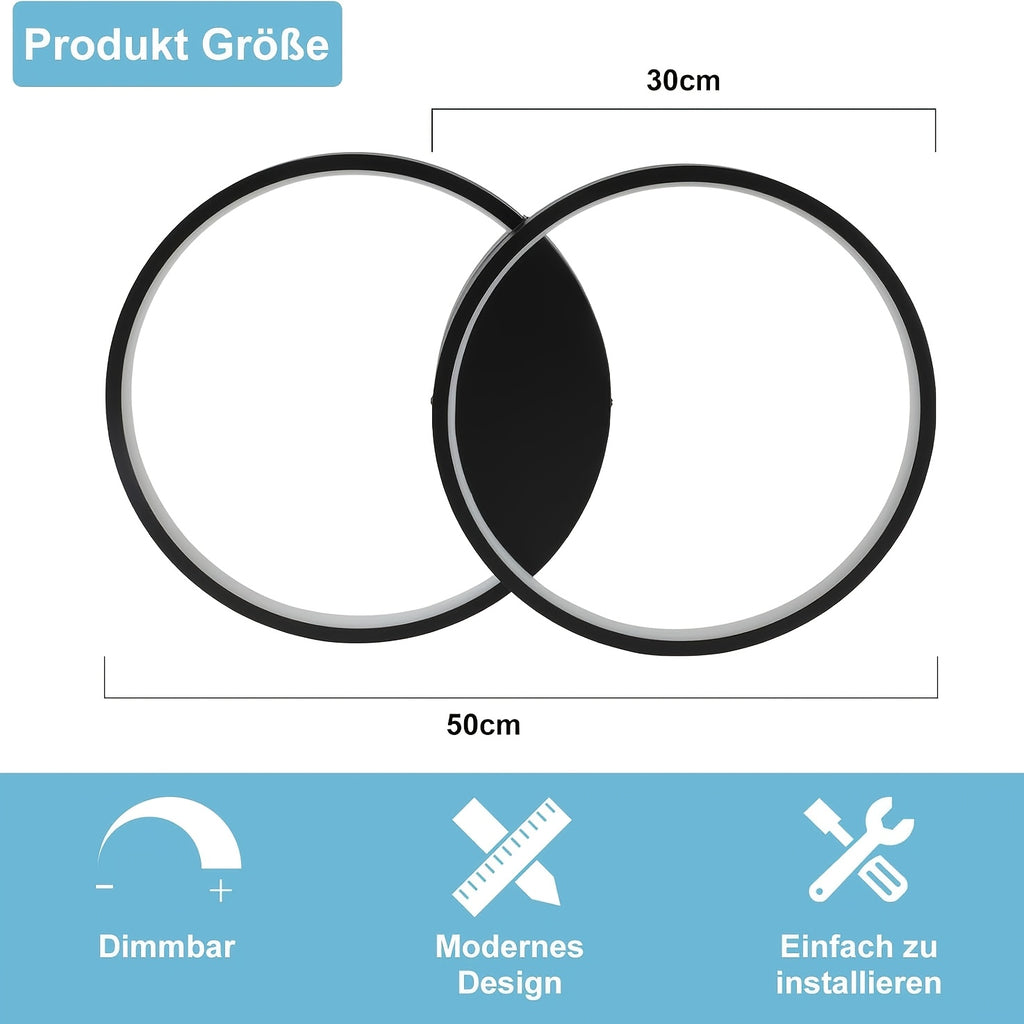 Plafonnier LED double anneau noir et blanc, 50 cm, trois teintes