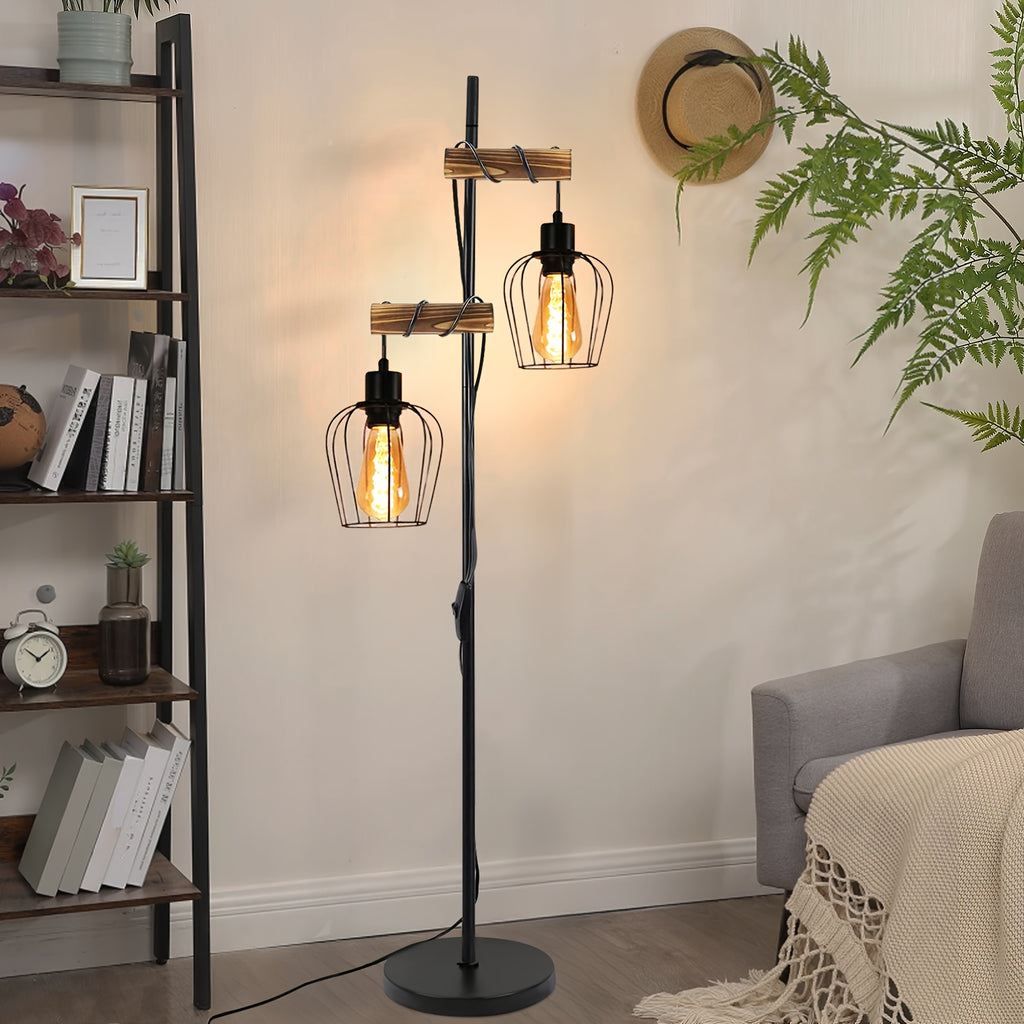 Lampadaire industriel à une cage métal et bras en bois, 151 cm