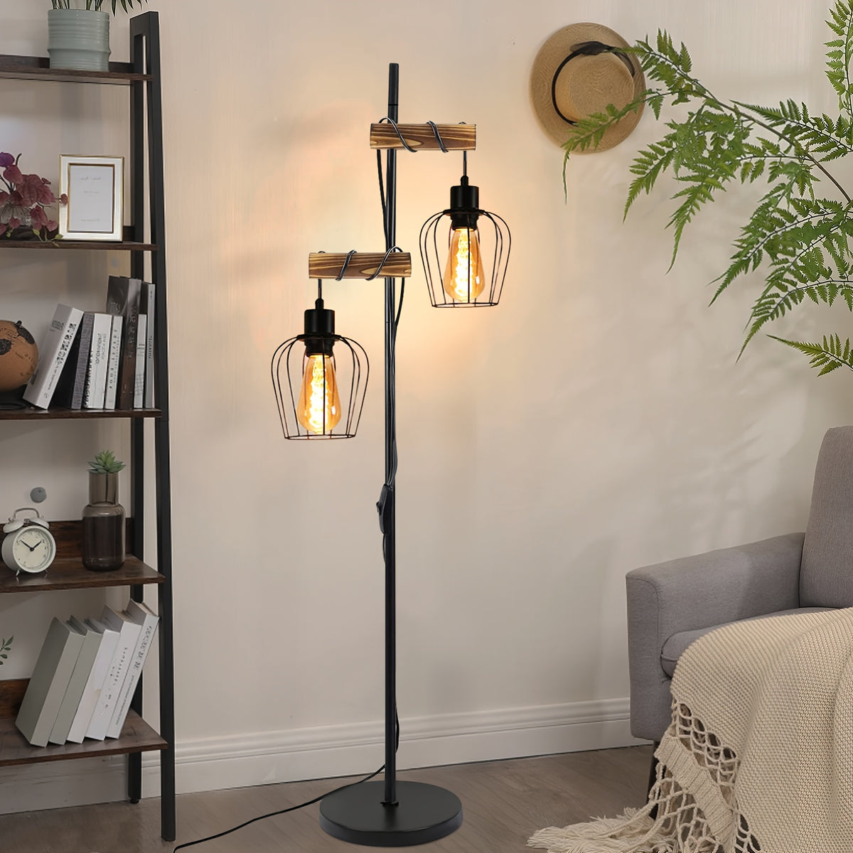 Lampadaire industriel à une cage métal et bras en bois, 151 cm