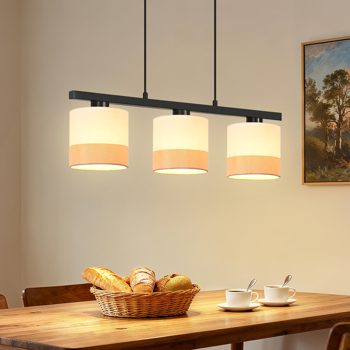 Suspension 3 abat-jour en tissu blanc sur barre noire de 58 cm