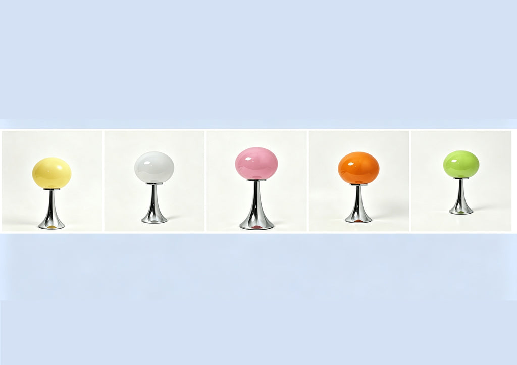 Lampe champignon en verre ovale sur pied chromé, USB, 3 teintes