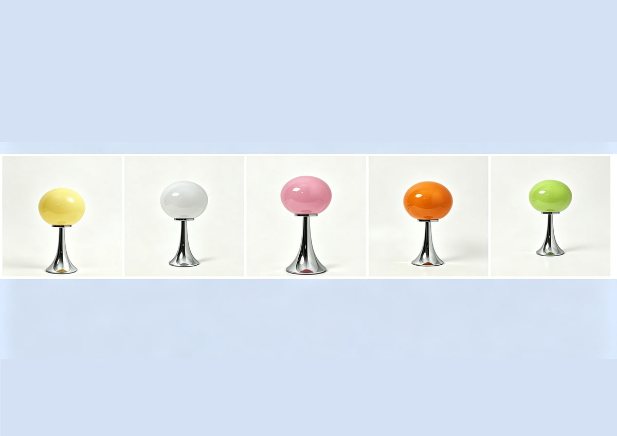 Lampe champignon en verre ovale sur pied chromé, USB, 3 teintes