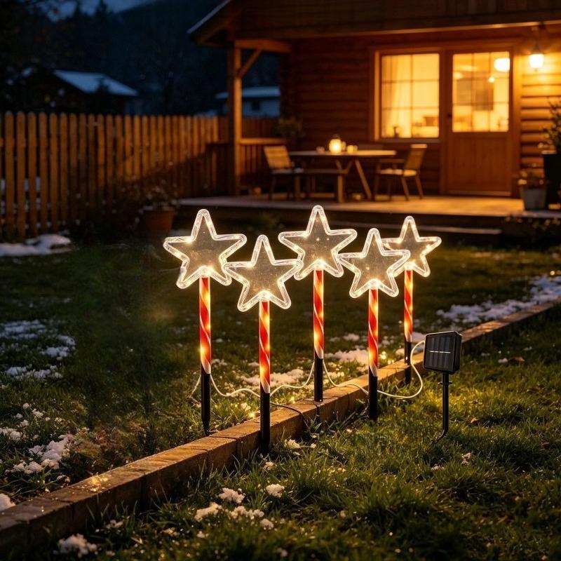 Guirlande solaire de Noël à 5 étoiles sur piquets sucre d'orge