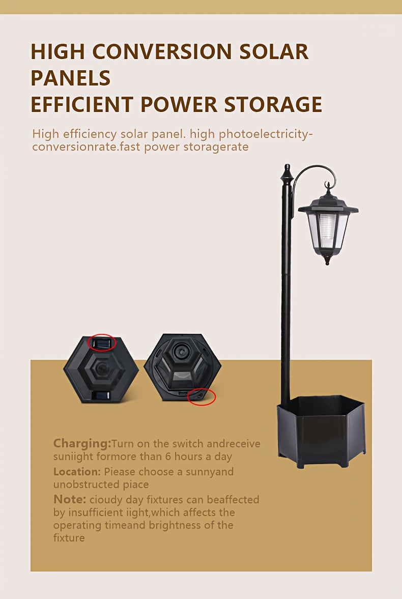 Lampadaire solaire 85 cm à jardinière hexagonale et lanterne suspendue