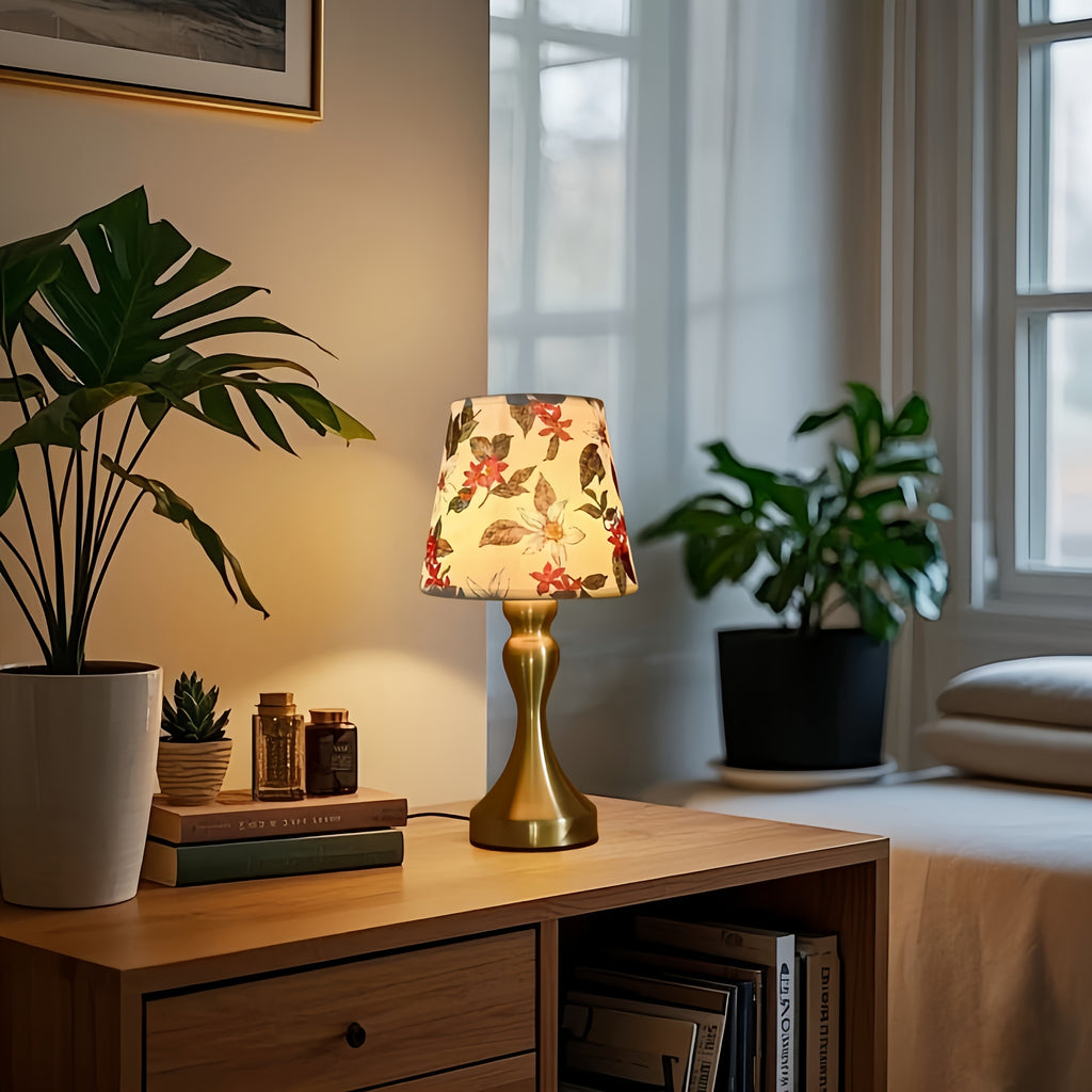 Lampe de chevet abat-jour à fleurs rouges, pied doré en sablier