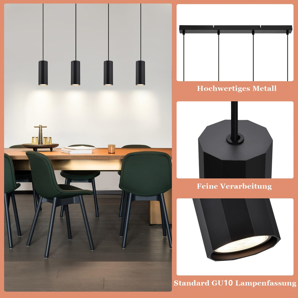 Suspension 4 cylindres facettés noirs GU10, barre de 60 cm