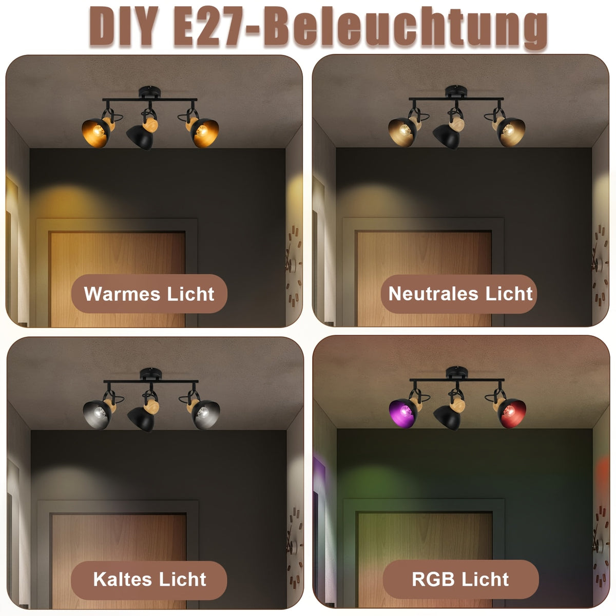 Spot de plafond rétro 3 ou 4 dômes orientables, rotule bois, E27