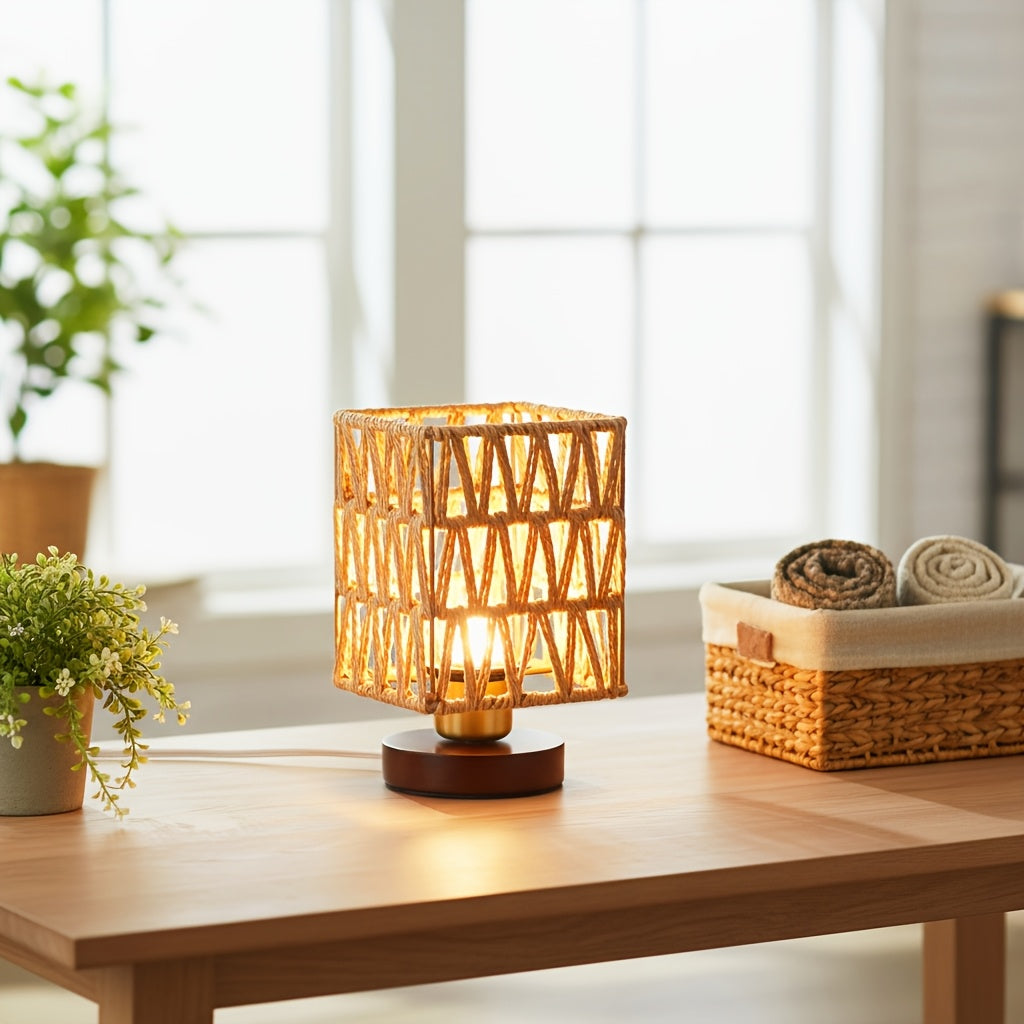 Lampe de chevet carrée en corde tressée, socle en bois, trois teintes