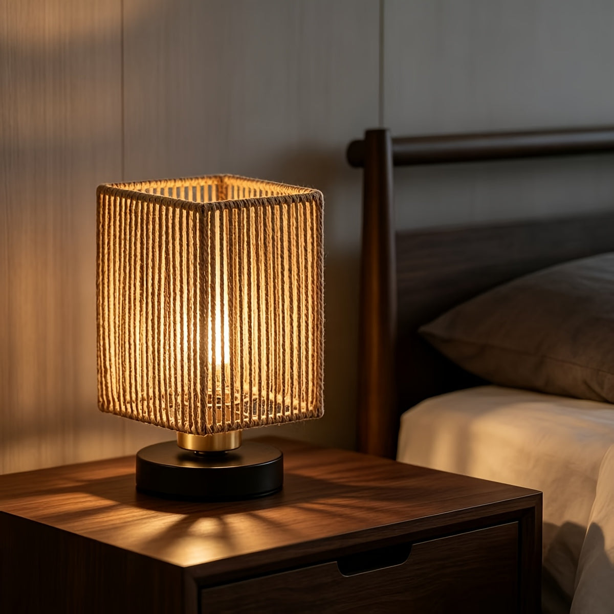 Lampe de chevet carrée en corde torsadée et socle en bois